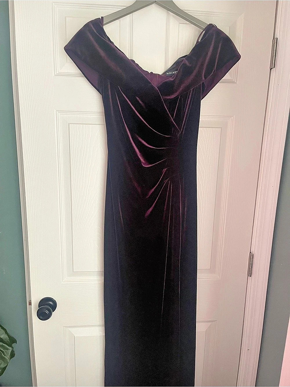 Xscape Off-the-Shoulder Velvet Gown Velvet Draped Maxi Dress in Purple Size